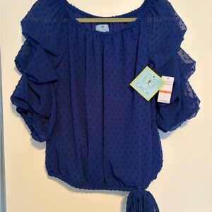 CeCe Royal Blue Textured Blouse with Ruffle Sleeves